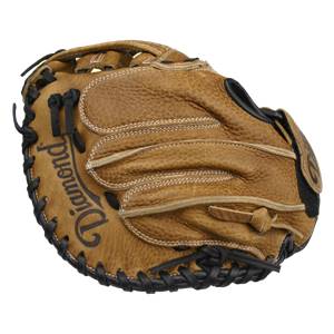 Top-down view of a tan catchers mitt with black lacing and Diamond text.
