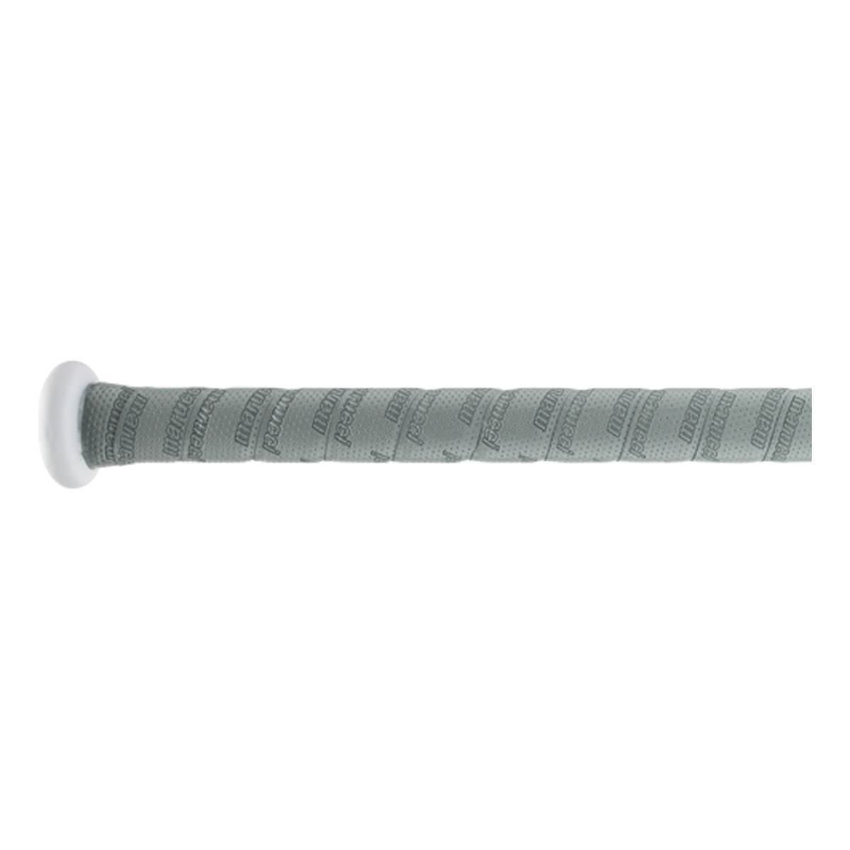 Side view of a gray baseball bat grip with repeating Marucci text and a white end cap.
