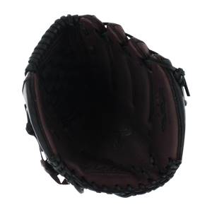 Top-down view of a dark brown baseball glove with black lacing and visible Akadema text.