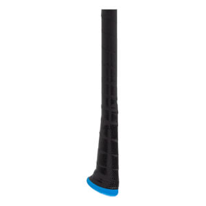 Close-up of a black baseball bat handle with a textured grip, tapered shape, and bright blue knob.