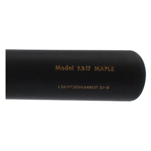 Side view of a black baseball bat with gold text Model KB17 MAPLE and serial numbers.