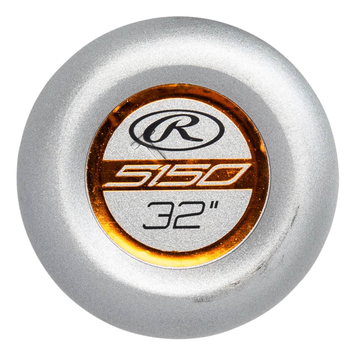 Top-down view of a silver baseball bat with a Rawlings logo, 5150, and 32 markings.