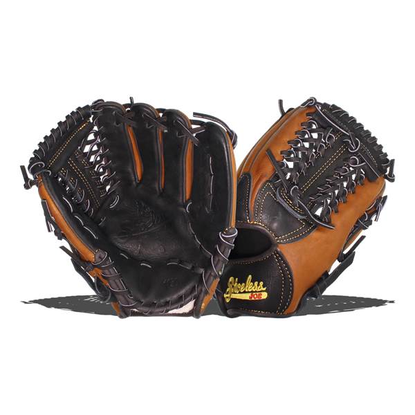 Front view of a black and tan baseball glove with Shoeless Joe branding and detailed lacing.