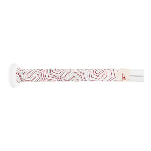 Side view of a white baseball bat with a red and gray geometric pattern grip.