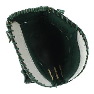 Top-down view of a dark green and white catchers mitt with PRO-SCOOP text and white stitching.