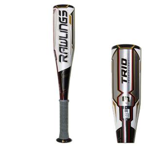 Side view of a white baseball bat with black and gold Rawlings branding and a gray grip.
