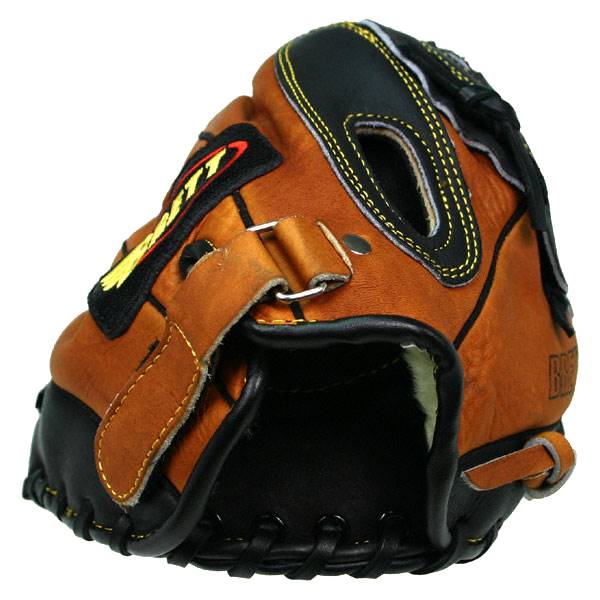 Side view of a brown and black baseball glove with yellow stitching and a BRETT logo.