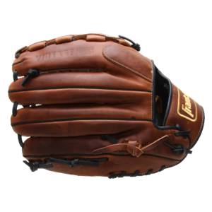 Side view of a brown leather baseball glove with black lacing and a gold Franklin logo.