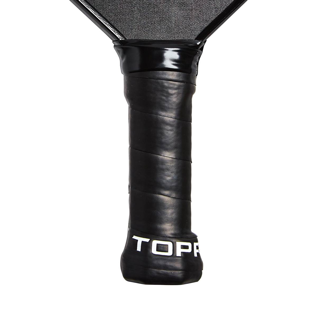 Bottom view of a black pickleball paddle grip with white TOPP branding.