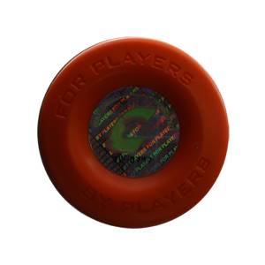 Top-down view of an orange softball bat end cap with FOR PLAYERS text and a holographic sticker.