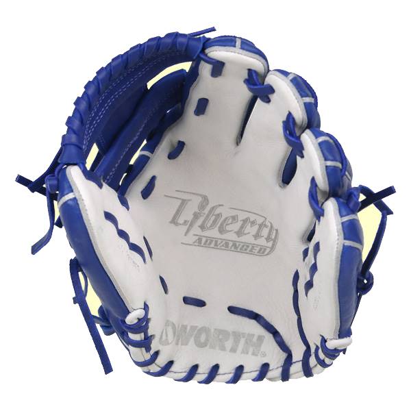 Top-down view of a royal blue and white baseball glove with Liberty Advanced and WORTH branding.