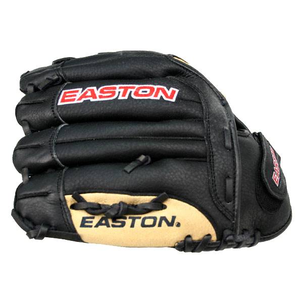 Front view of a black Easton glove with tan palm and red Easton logo.