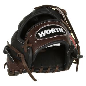 Front view of a black and brown baseball glove with WORTH logo and lacing.