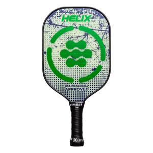 Front view of a white pickleball paddle with green HELIX logo and USA pickleball approved stamp.