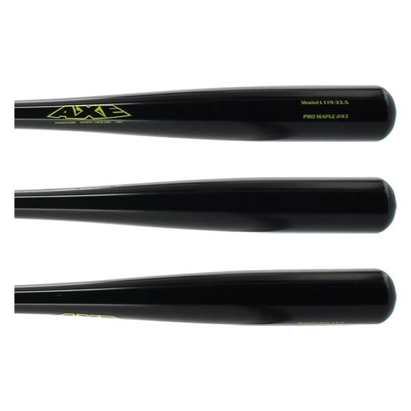Side view of a black AXE baseball bat with yellow AXE logo and PRO MAPLE 243 text.