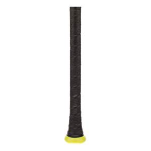 Close-up of a black baseball bat grip with yellow end cap.