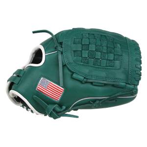 Side view of a green baseball glove with a woven pocket and American flag patch.