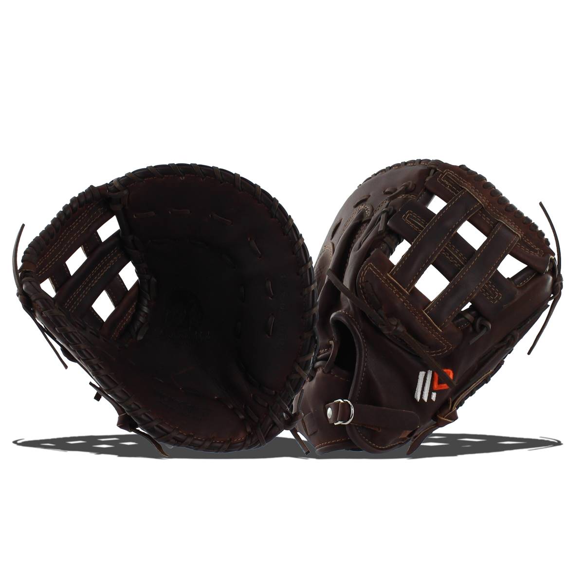 Front view of a brown baseball glove with a woven web and an orange logo.
