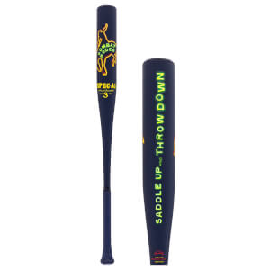 Full-length and barrel close-up views show a navy bat with neon 'COMBAT RODEO' text, a bucking bronco icon, and the phrase 'SADDLE UP AND THROW DOWN'.