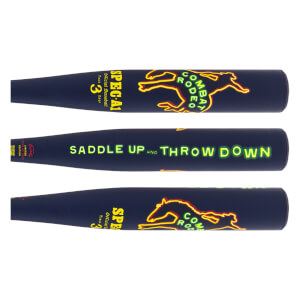 Side views of the navy blue barrel feature neon graphics of a bucking horse and the words SADDLE UP AND THROW DOWN, COMBAT RODEO, and SPEC-A1.