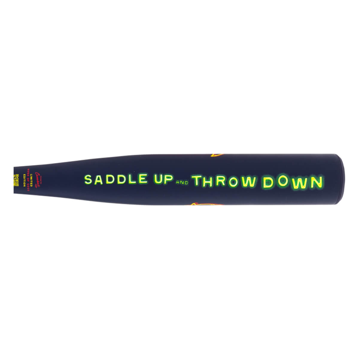 Side close-up of the dark barrel featuring neon green text that reads "SADDLE UP AND THROW DOWN" and small red limited edition details on the left.