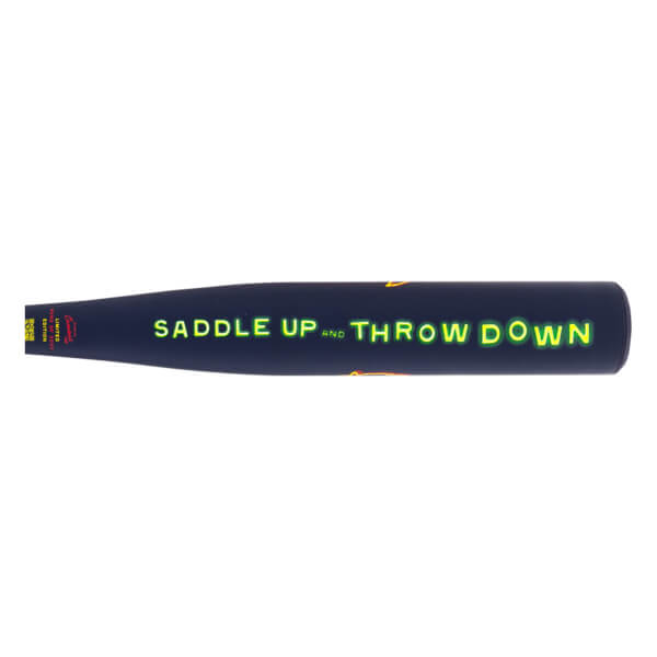 Side close-up of the dark barrel featuring neon green text that reads "SADDLE UP AND THROW DOWN" and small red limited edition details on the left.