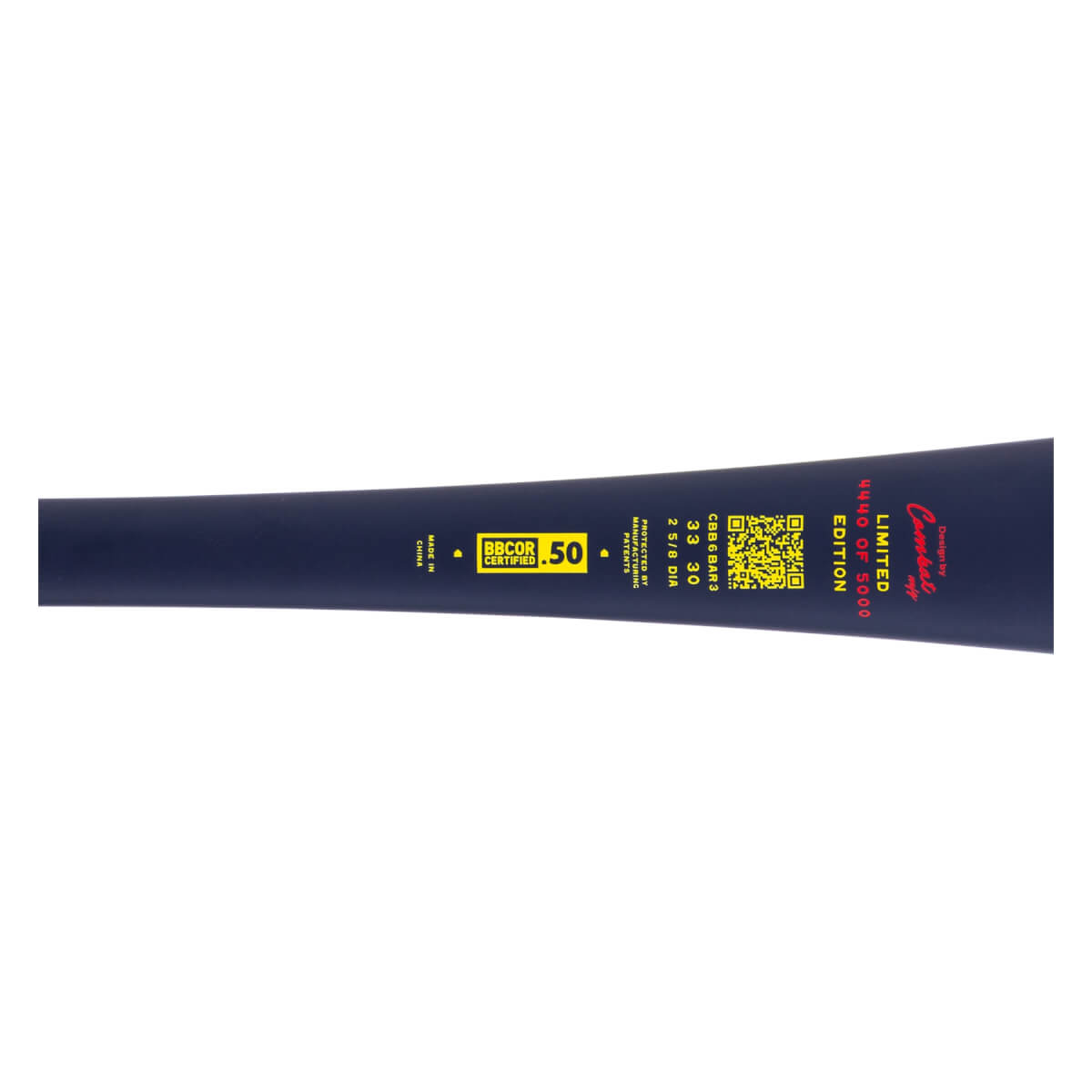 Close-up of the navy blue tapered barrel showing yellow "BBCOR CERTIFIED .50" text, a QR code, and red branding for a "Combat LIMITED EDITION" bat numbered 4440 of 5000.
