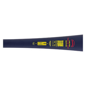 Close-up of the navy blue tapered barrel showing yellow "BBCOR CERTIFIED .50" text, a QR code, and red branding for a "Combat LIMITED EDITION" bat numbered 4440 of 5000.