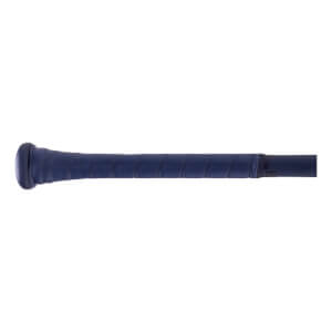 Close-up of the dark blue bat handle shows a textured grip tape wrapped tightly around the shaft leading to a matching solid blue rounded knob.