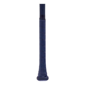 Close-up view of the handle and knob of the COMBAT Spec A1 Saddle Up bat, showing the navy blue spiral-wrapped grip tape and a matching flared base.