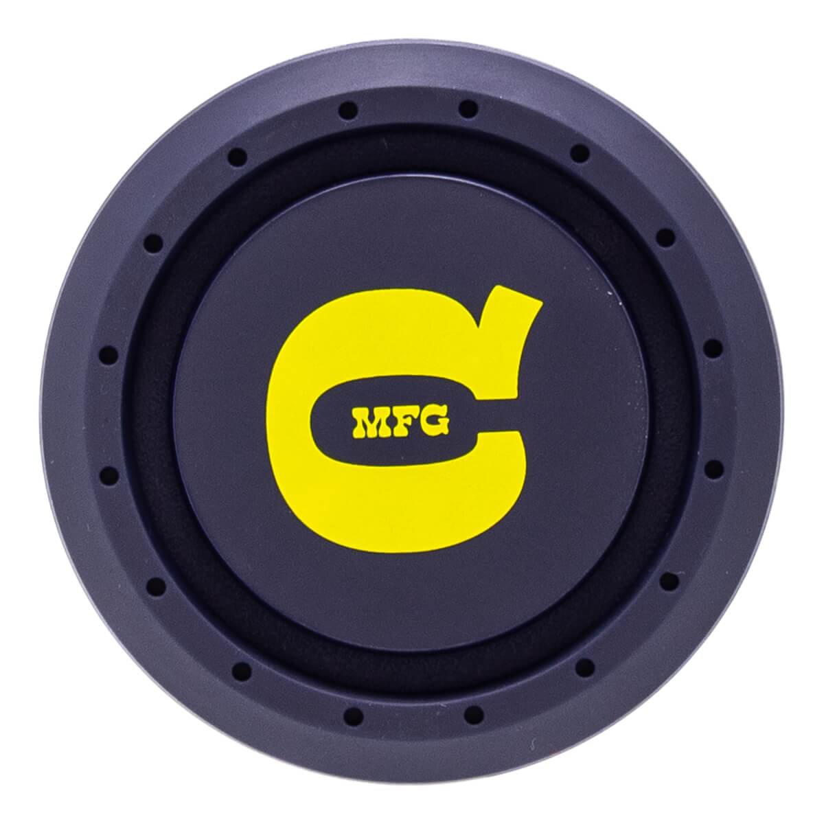 Top-down view of the circular black end cap featuring a yellow stylized logo with MFG text and a ring of small circular indentations along the outer edge.