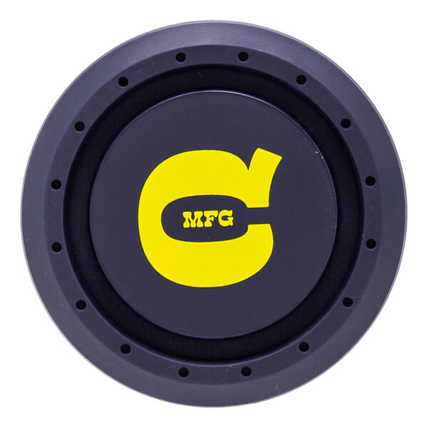 Top-down view of the circular black end cap featuring a yellow stylized logo with MFG text and a ring of small circular indentations along the outer edge.