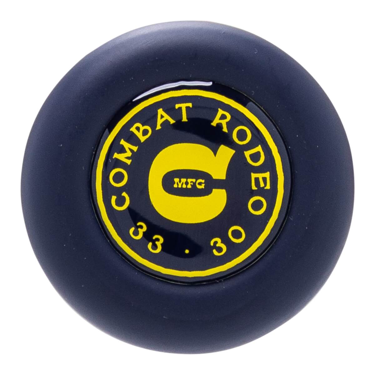 Top-down view of the bat's circular end cap featuring a yellow Combat MFG logo and the text "COMBAT RODEO 33 30" on a black background.