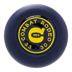 Top-down view of the bat's circular end cap featuring a yellow Combat MFG logo and the text "COMBAT RODEO 33 30" on a black background.