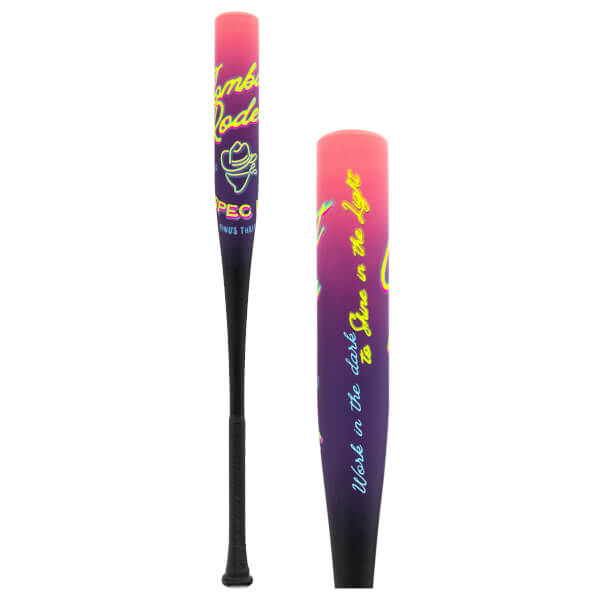 Full-length and close-up views of a pink to purple gradient bat featuring neon text "Combat Rodeo", "SPEC A1", and "Work in the dark to Shine in the Light".