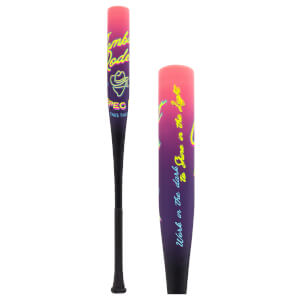 Full-length and close-up views of a pink to purple gradient bat featuring neon text "Combat Rodeo", "SPEC A1", and "Work in the dark to Shine in the Light".