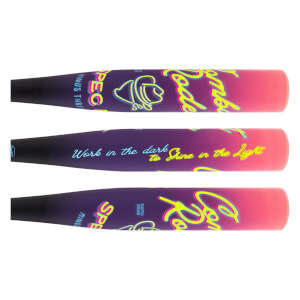Three side views of a purple and pink gradient bat with neon script reading “Work in the dark to Shine in the Light,” “Cowboy Code,” and a cowboy hat logo.
