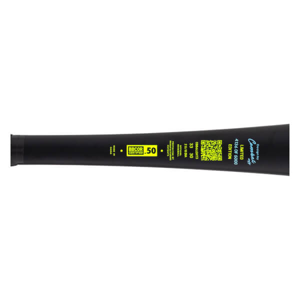 Close-up side view of the black bat barrel featuring a QR code, yellow "BBCOR CERTIFIED .50" stamp, and blue "Design by Combat MFG" and "LIMITED EDITION 4136 OF 5000" text.