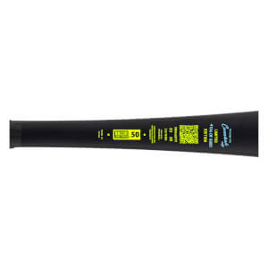 Close-up side view of the black bat barrel featuring a QR code, yellow "BBCOR CERTIFIED .50" stamp, and blue "Design by Combat MFG" and "LIMITED EDITION 4136 OF 5000" text.