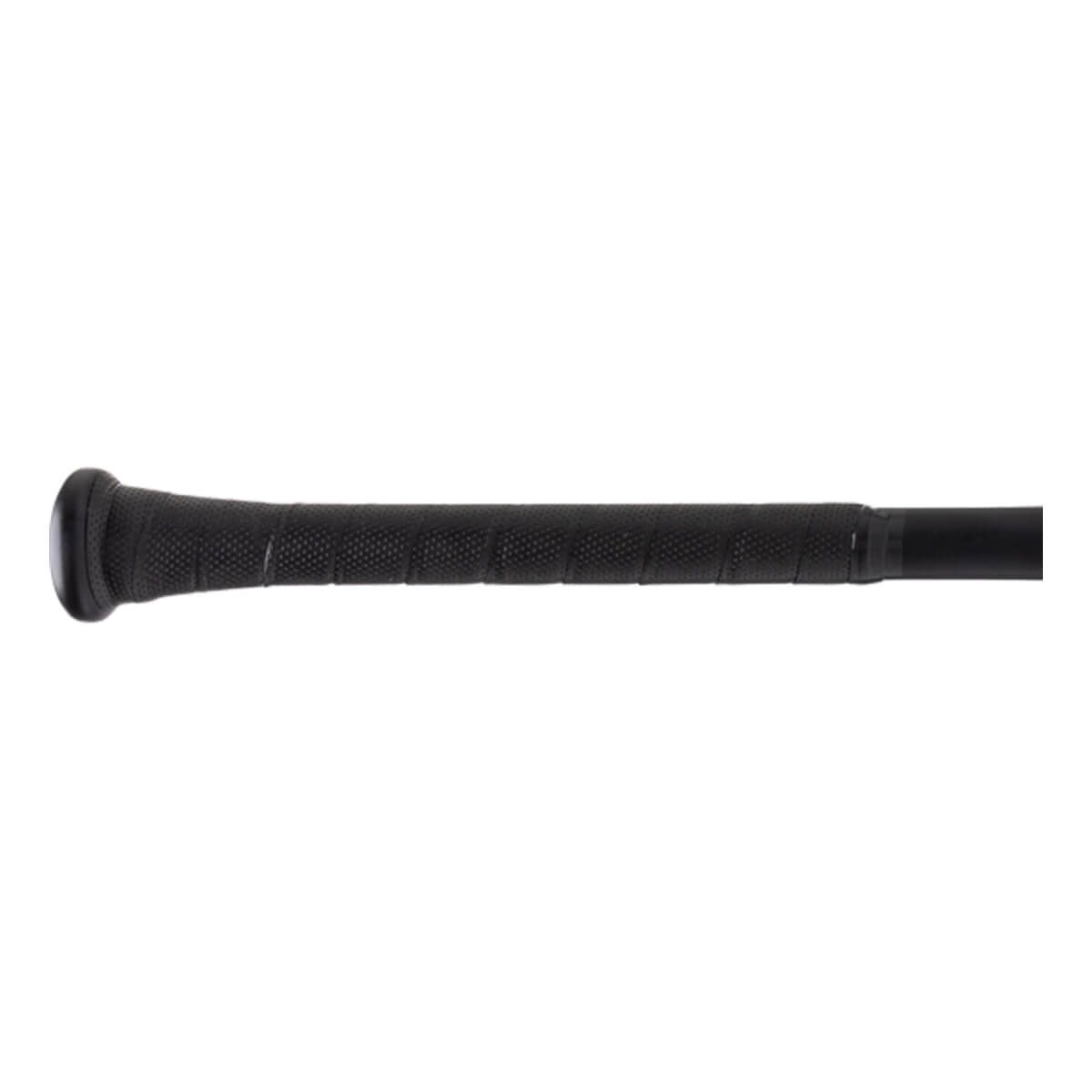 Close-up of the bat handle showing a textured black cushioned grip tape wrap and a solid black knob at the base.