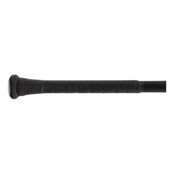 Close-up of the bat handle showing a textured black cushioned grip tape wrap and a solid black knob at the base.