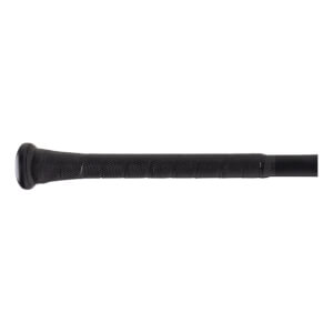 Close-up of the bat handle showing a textured black cushioned grip tape wrap and a solid black knob at the base.