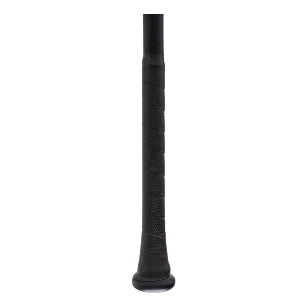 Close-up of the handle and knob showing black perforated grip tape wrapped around the bat handle and a solid, flared black knob at the bottom.