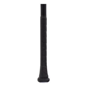 Close-up of the handle and knob showing black perforated grip tape wrapped around the bat handle and a solid, flared black knob at the bottom.