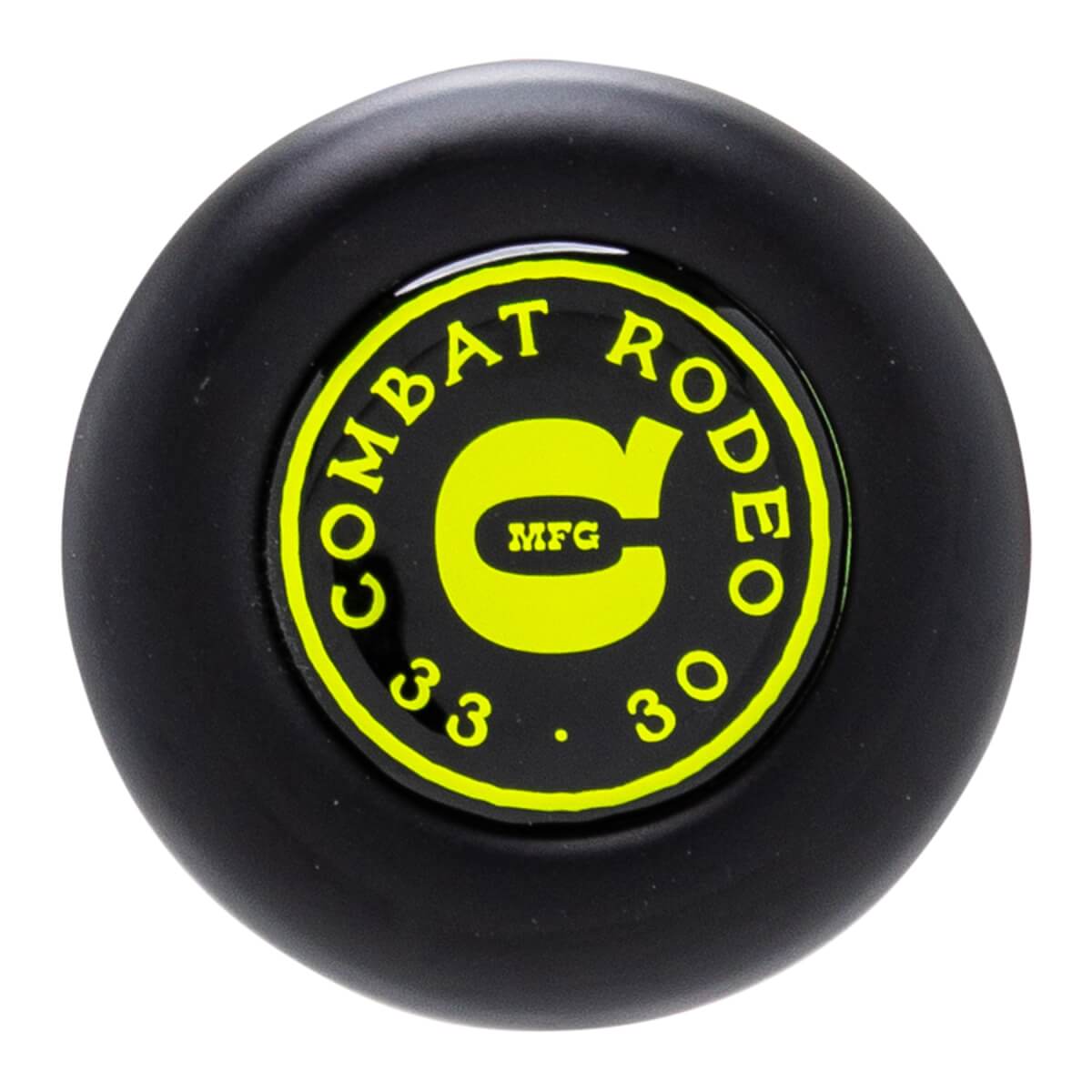 Top-down view of the black bat knob featuring a neon yellow circular logo with "COMBAT RODEO" text, a large "C" with "MFG" inside, and the numbers "33" and "30" at the bottom.