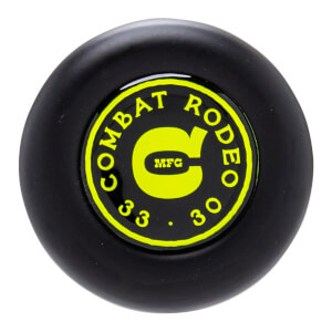 Top-down view of the black bat knob featuring a neon yellow circular logo with "COMBAT RODEO" text, a large "C" with "MFG" inside, and the numbers "33" and "30" at the bottom.