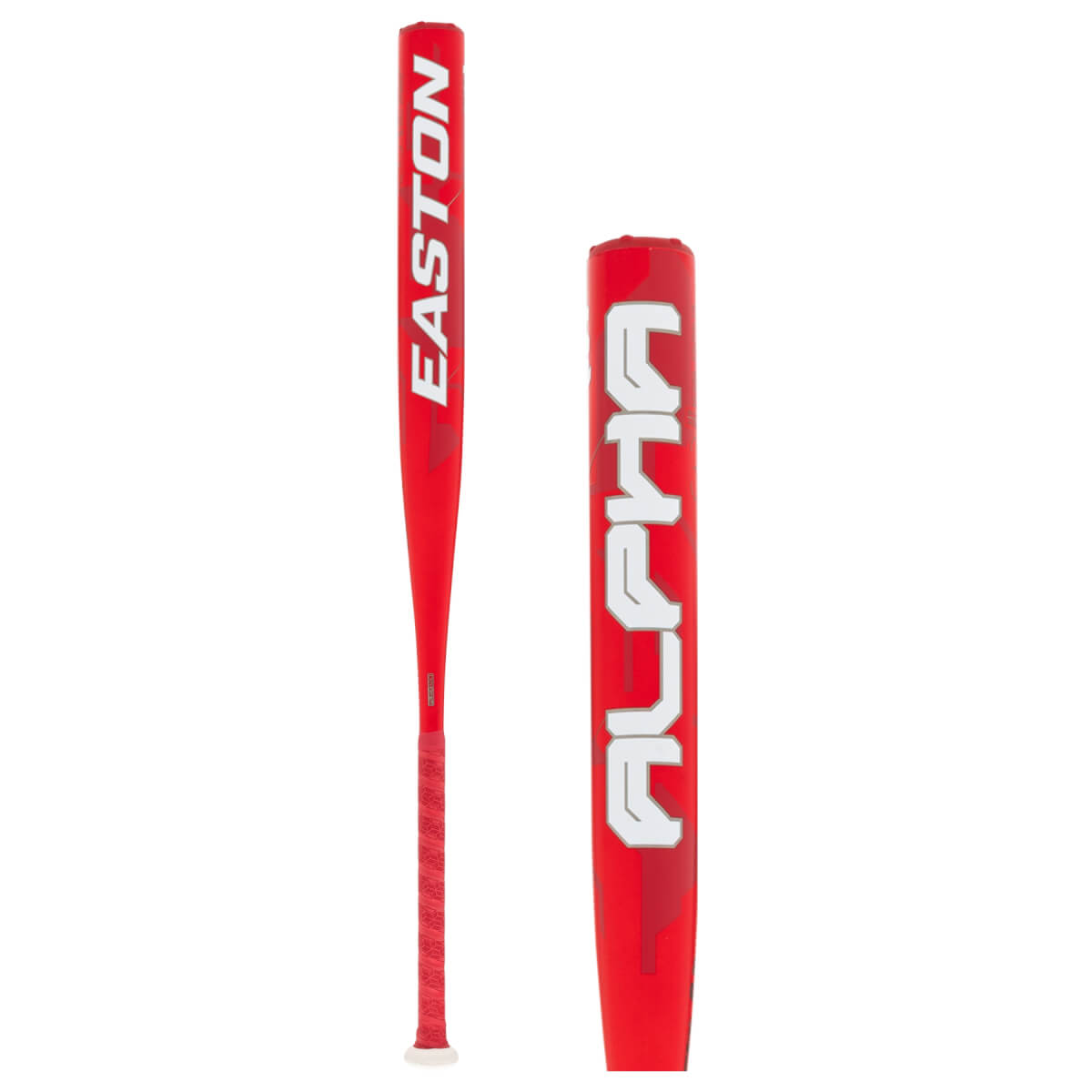 Side view of a red softball bat with EASTON on the handle and ALPHA on the barrel.