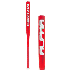 Side view of a red softball bat with EASTON on the handle and ALPHA on the barrel.