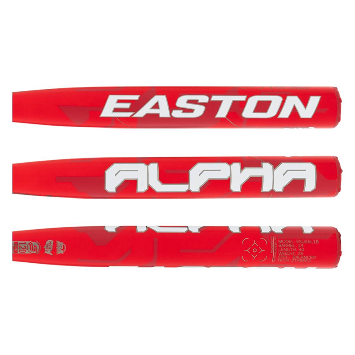 Barrel detail view of a red softball bat with EASTON, ALPHA, and product specifications in white.