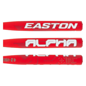 Barrel detail view of a red softball bat with EASTON, ALPHA, and product specifications in white.